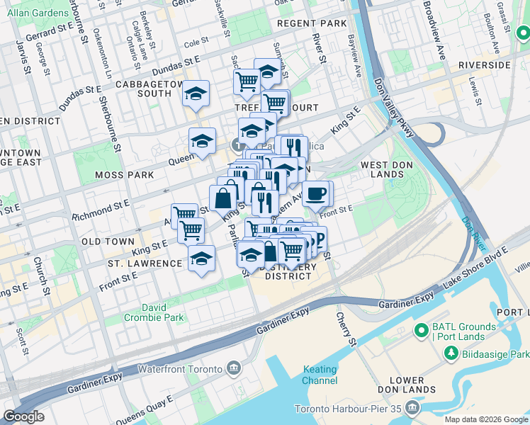 map of restaurants, bars, coffee shops, grocery stores, and more near 99 Trinity Street in Toronto