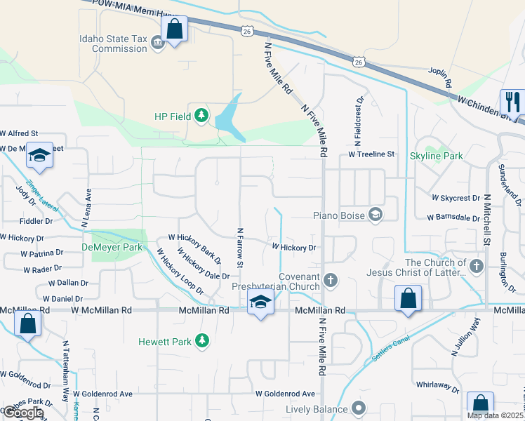 map of restaurants, bars, coffee shops, grocery stores, and more near 5284 North Farrow Street in Boise