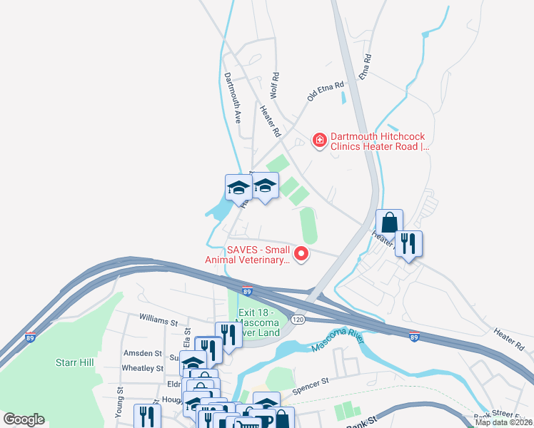 map of restaurants, bars, coffee shops, grocery stores, and more near 193 Hanover Street in Lebanon