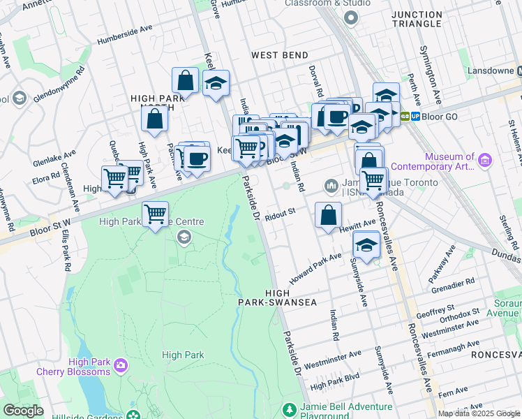 map of restaurants, bars, coffee shops, grocery stores, and more near 483 Parkside Drive in Toronto