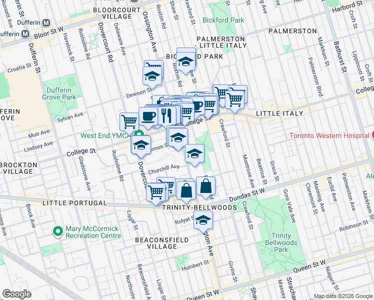 map of restaurants, bars, coffee shops, grocery stores, and more near 383 Ossington Avenue in Toronto