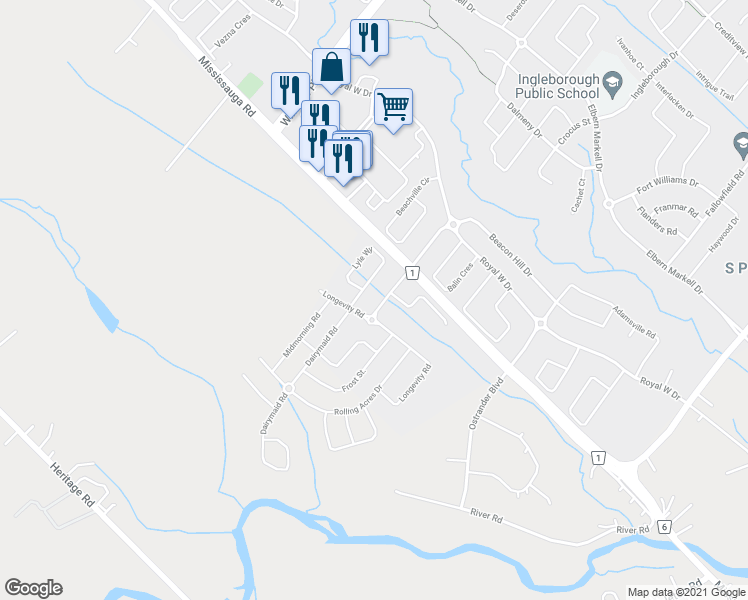 map of restaurants, bars, coffee shops, grocery stores, and more near 18 Settlers Field Road in Brampton