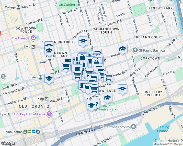 map of restaurants, bars, coffee shops, grocery stores, and more near 255 Richmond Street East in Toronto