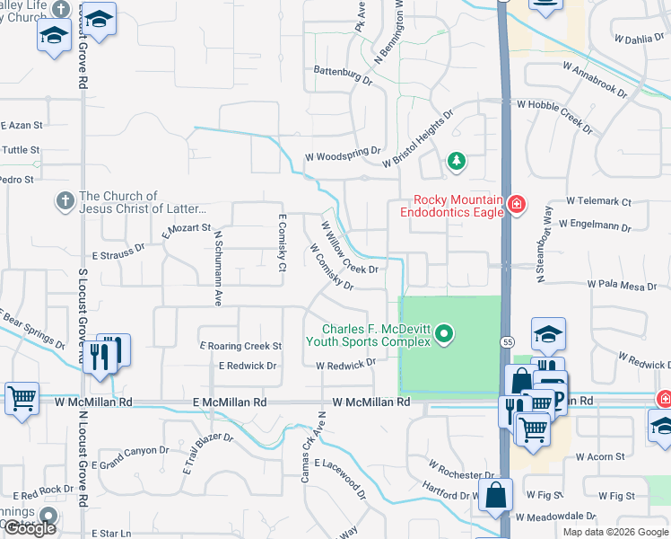 map of restaurants, bars, coffee shops, grocery stores, and more near 14454 West Comisky Drive in Boise