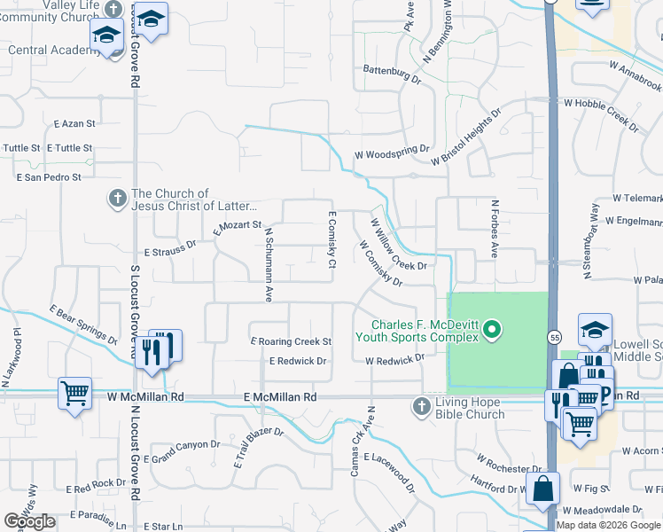 map of restaurants, bars, coffee shops, grocery stores, and more near 5308 North Dvorak Place in Meridian