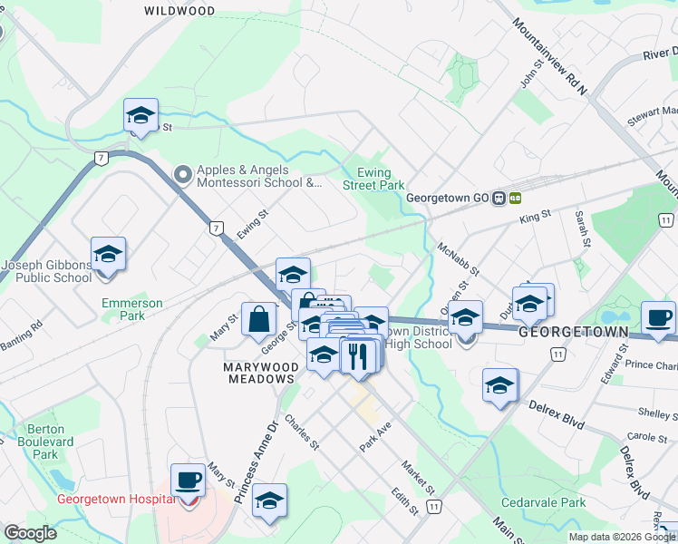 map of restaurants, bars, coffee shops, grocery stores, and more near 24 Chapel Street in Halton Hills