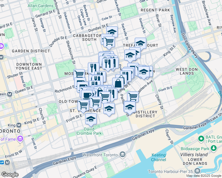 map of restaurants, bars, coffee shops, grocery stores, and more near in Toronto