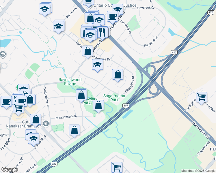 map of restaurants, bars, coffee shops, grocery stores, and more near 123 Cherrytree Drive in Brampton
