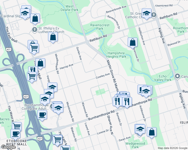 map of restaurants, bars, coffee shops, grocery stores, and more near 16 Northglen Avenue in Toronto