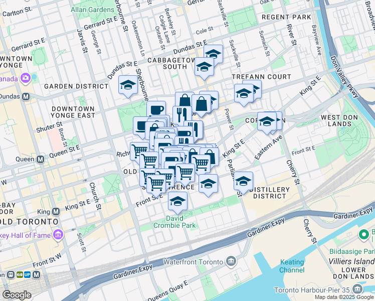 map of restaurants, bars, coffee shops, grocery stores, and more near 460 Adelaide Street East in Toronto