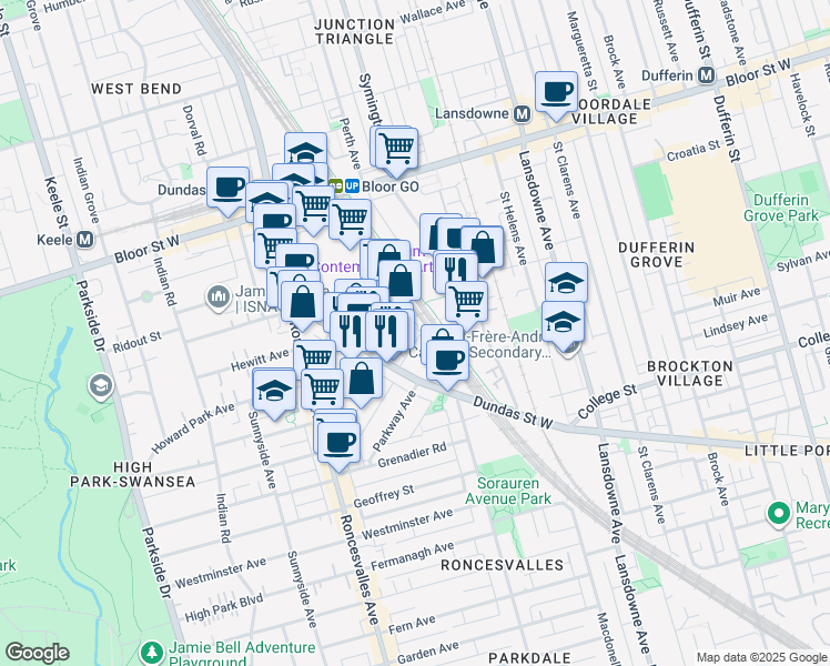 map of restaurants, bars, coffee shops, grocery stores, and more near 30 Morrow Avenue in Toronto