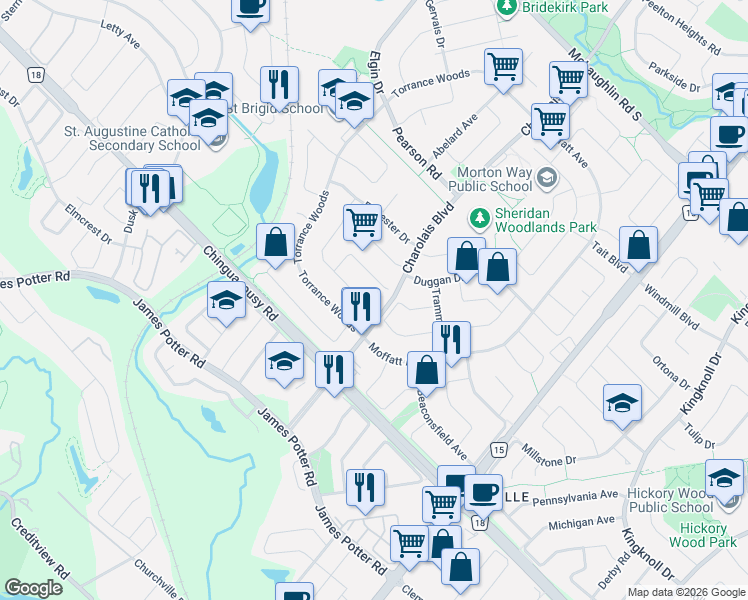 map of restaurants, bars, coffee shops, grocery stores, and more near 8 Faywood Drive in Brampton