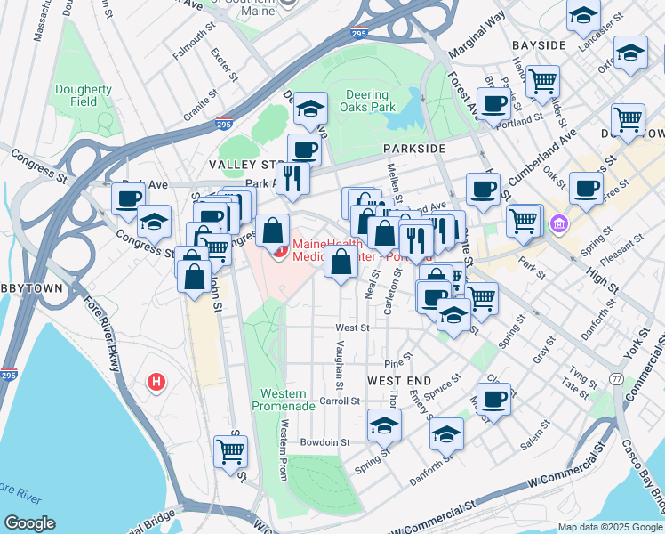 map of restaurants, bars, coffee shops, grocery stores, and more near 315 Brackett Street in Portland