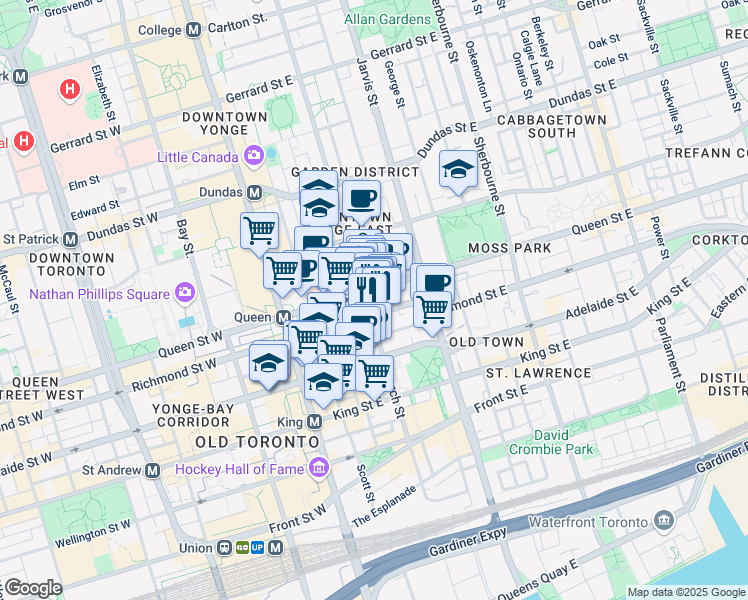 map of restaurants, bars, coffee shops, grocery stores, and more near in Toronto