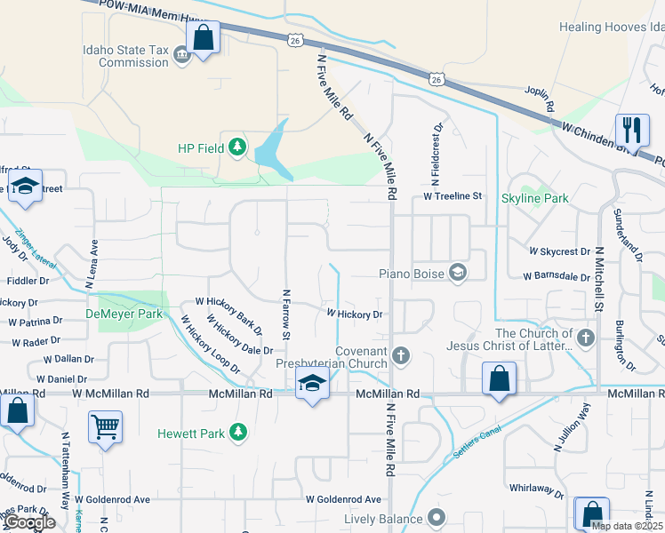 map of restaurants, bars, coffee shops, grocery stores, and more near 5284 North Farrow Street in Boise