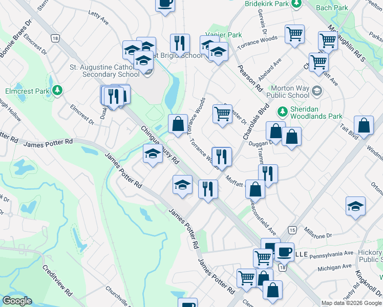 map of restaurants, bars, coffee shops, grocery stores, and more near 41 Cutters Crescent in Brampton