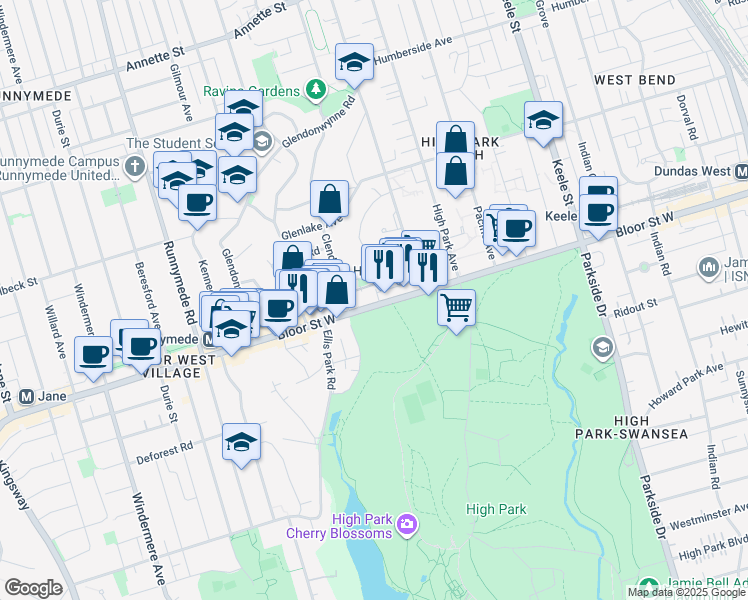 map of restaurants, bars, coffee shops, grocery stores, and more near 1988 Bloor Street West in Toronto