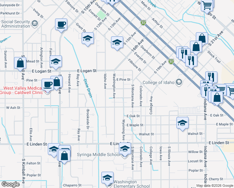 map of restaurants, bars, coffee shops, grocery stores, and more near 1915 Washington Avenue in Caldwell