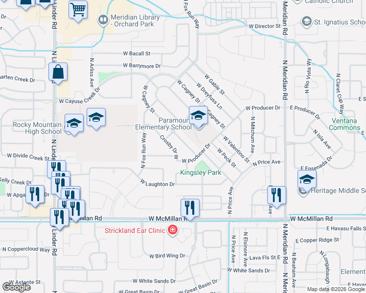 map of restaurants, bars, coffee shops, grocery stores, and more near 764 West Crosby Drive in Meridian