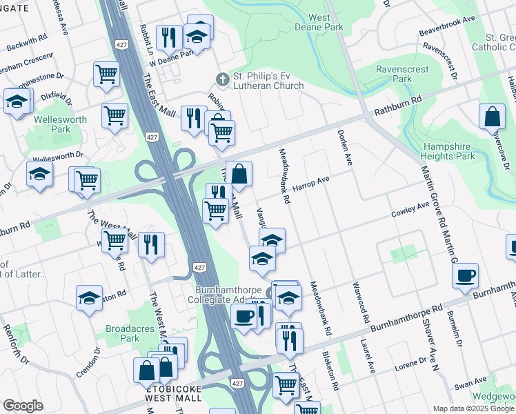 map of restaurants, bars, coffee shops, grocery stores, and more near Vanguard Drive in Toronto