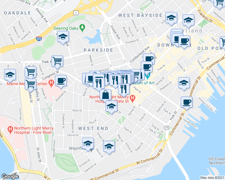 map of restaurants, bars, coffee shops, grocery stores, and more near 684 Congress Street in Portland