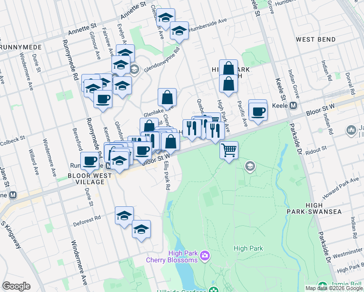 map of restaurants, bars, coffee shops, grocery stores, and more near 2000 Bloor Street West in Toronto