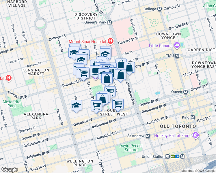 map of restaurants, bars, coffee shops, grocery stores, and more near 87 McCaul Street in Toronto