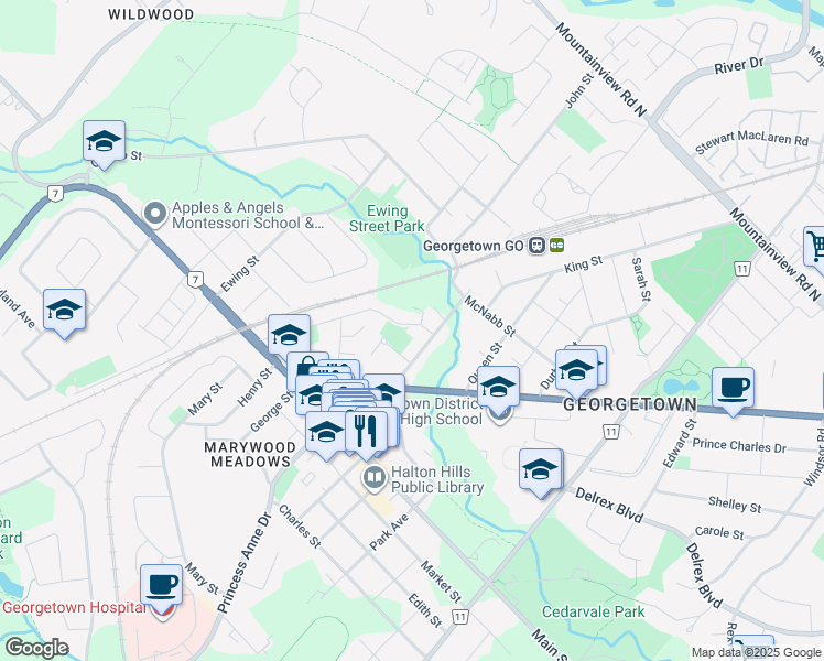 map of restaurants, bars, coffee shops, grocery stores, and more near 3 Dayfoot Drive in Halton Hills
