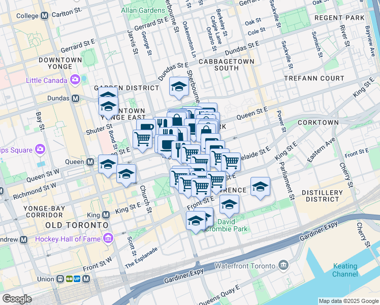 map of restaurants, bars, coffee shops, grocery stores, and more near in Toronto