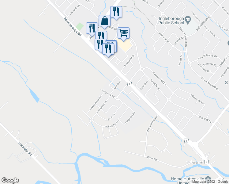 map of restaurants, bars, coffee shops, grocery stores, and more near 4 Lyle Way in Brampton