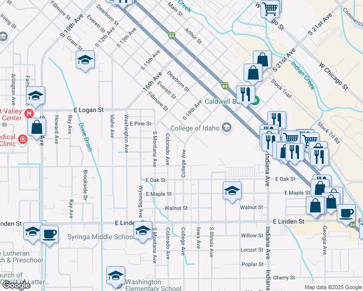 map of restaurants, bars, coffee shops, grocery stores, and more near 2008 College Avenue in Caldwell