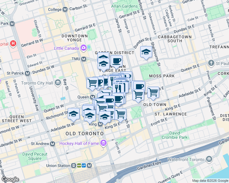 map of restaurants, bars, coffee shops, grocery stores, and more near 65 Queen Street East in Toronto