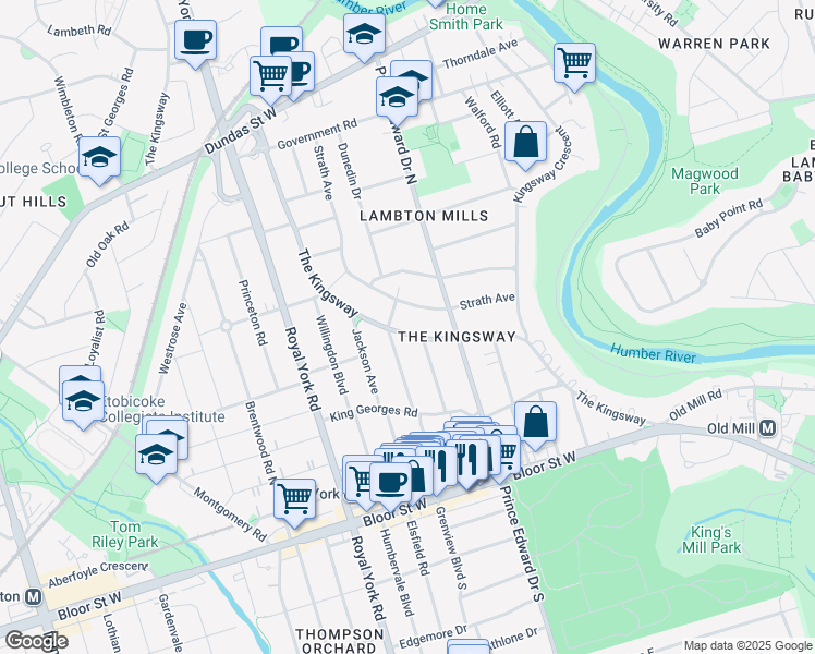 map of restaurants, bars, coffee shops, grocery stores, and more near 95 The Kingsway in Toronto