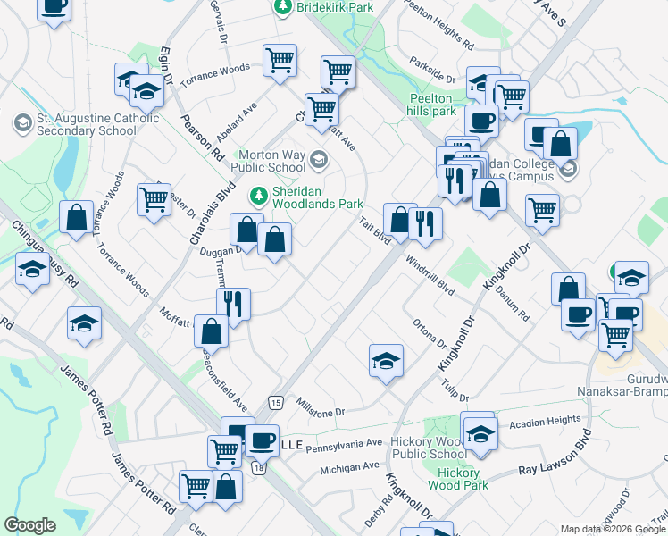 map of restaurants, bars, coffee shops, grocery stores, and more near 2 Farley Road in Brampton