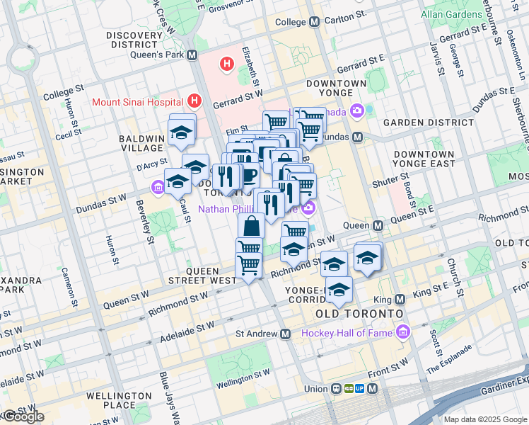 map of restaurants, bars, coffee shops, grocery stores, and more near 361 University Avenue in Toronto