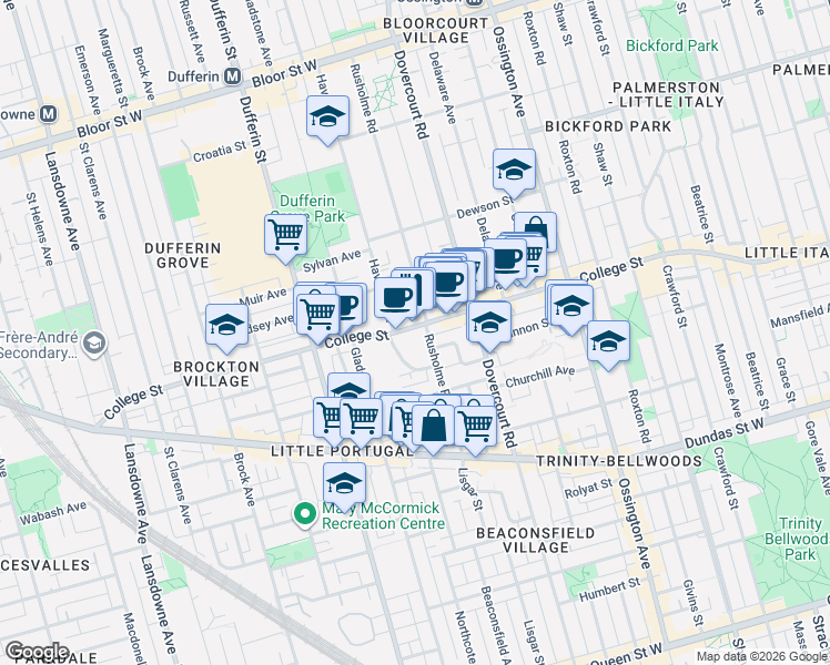 map of restaurants, bars, coffee shops, grocery stores, and more near 1003 College Street in Toronto