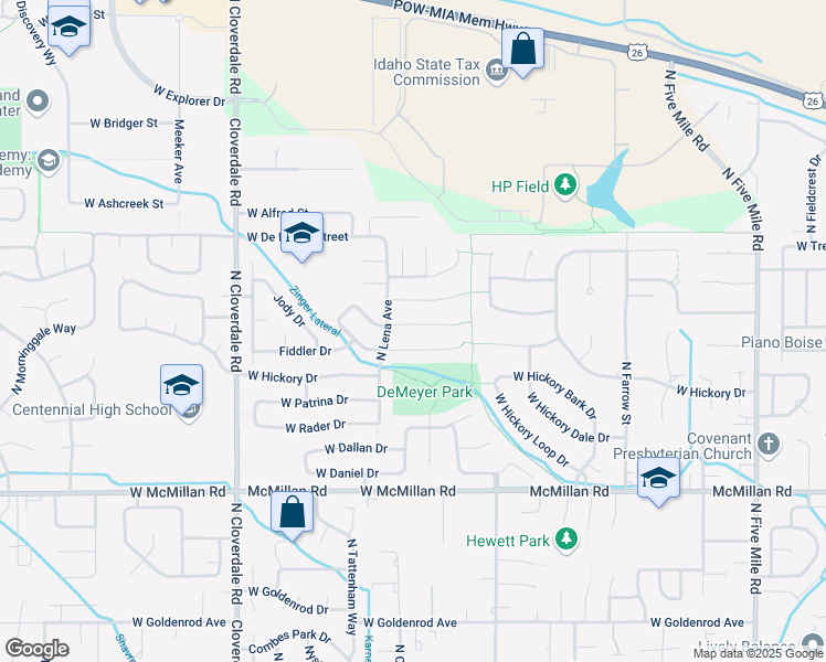 map of restaurants, bars, coffee shops, grocery stores, and more near 11675 West Violet Court in Boise
