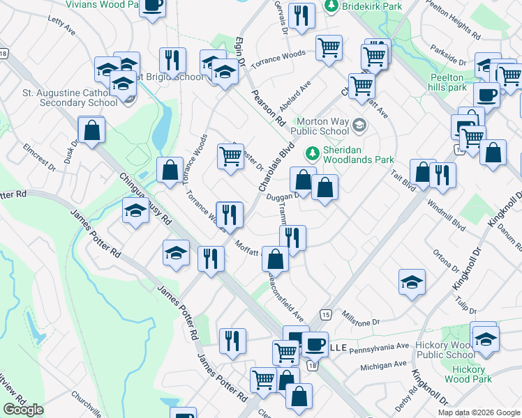 map of restaurants, bars, coffee shops, grocery stores, and more near 69 Wooliston Crescent in Brampton