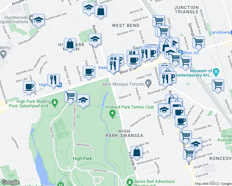 map of restaurants, bars, coffee shops, grocery stores, and more near 485 Parkside Drive in Toronto