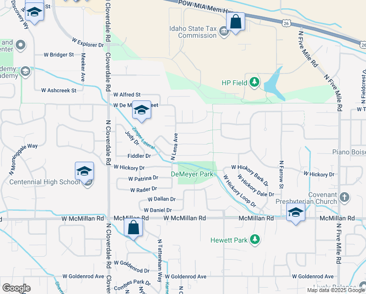 map of restaurants, bars, coffee shops, grocery stores, and more near 11675 West Violet Court in Boise