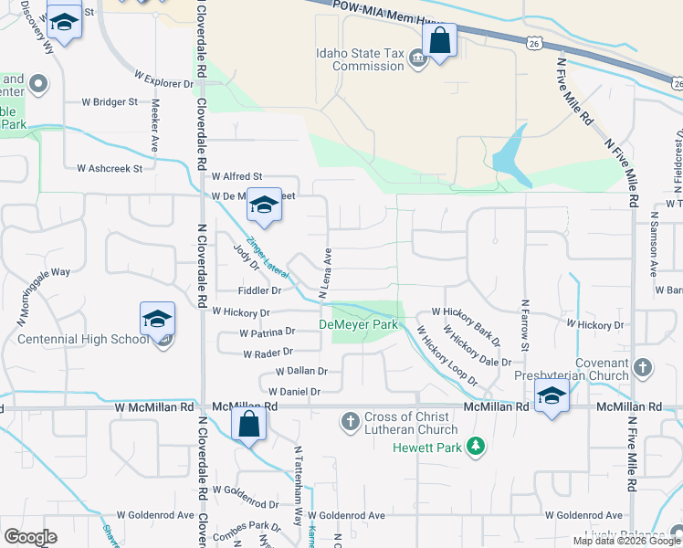 map of restaurants, bars, coffee shops, grocery stores, and more near 11675 West Violet Court in Boise