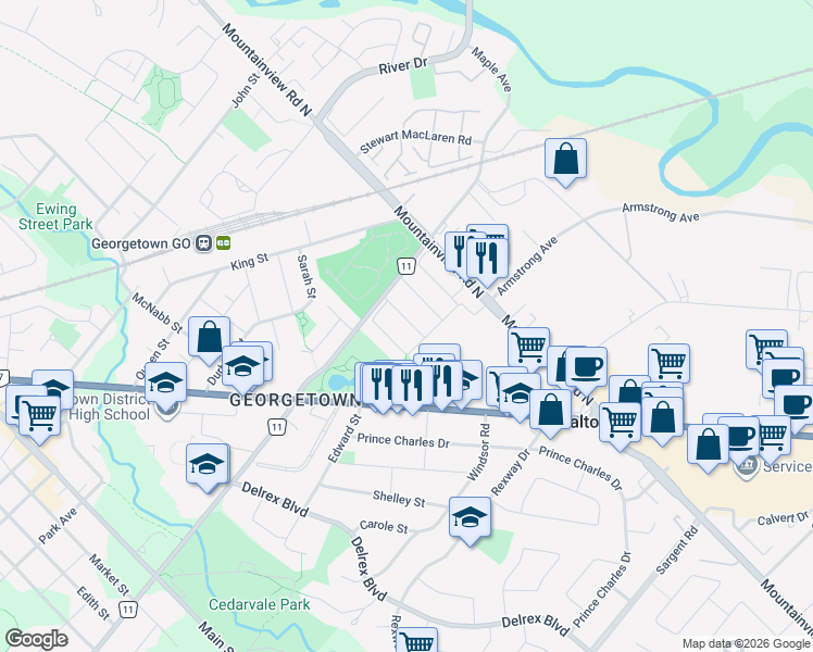 map of restaurants, bars, coffee shops, grocery stores, and more near in Halton Hills