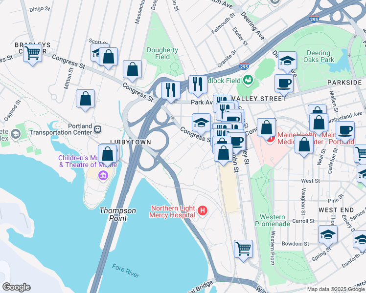 map of restaurants, bars, coffee shops, grocery stores, and more near 30 Frederic Street in Portland