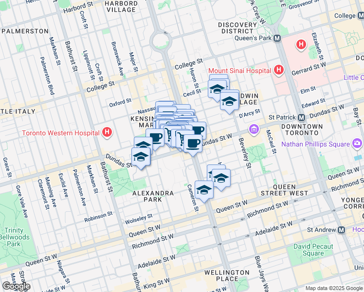 map of restaurants, bars, coffee shops, grocery stores, and more near in Toronto