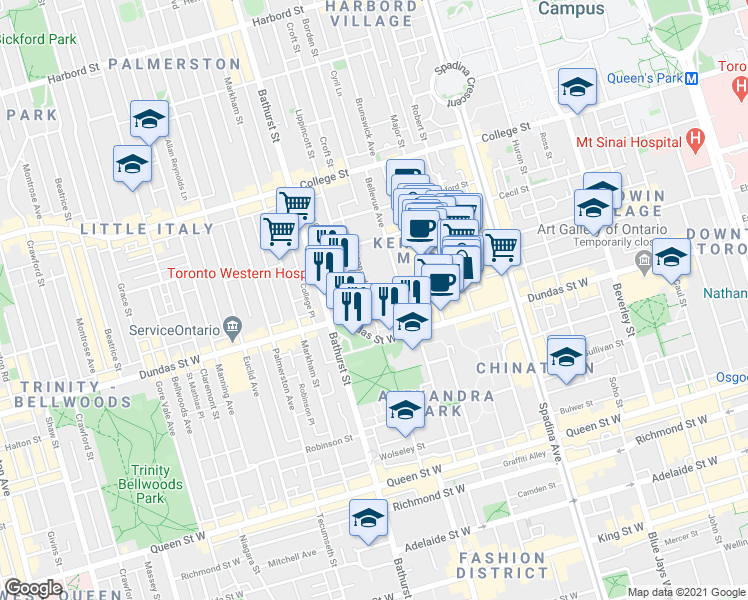 map of restaurants, bars, coffee shops, grocery stores, and more near in Toronto