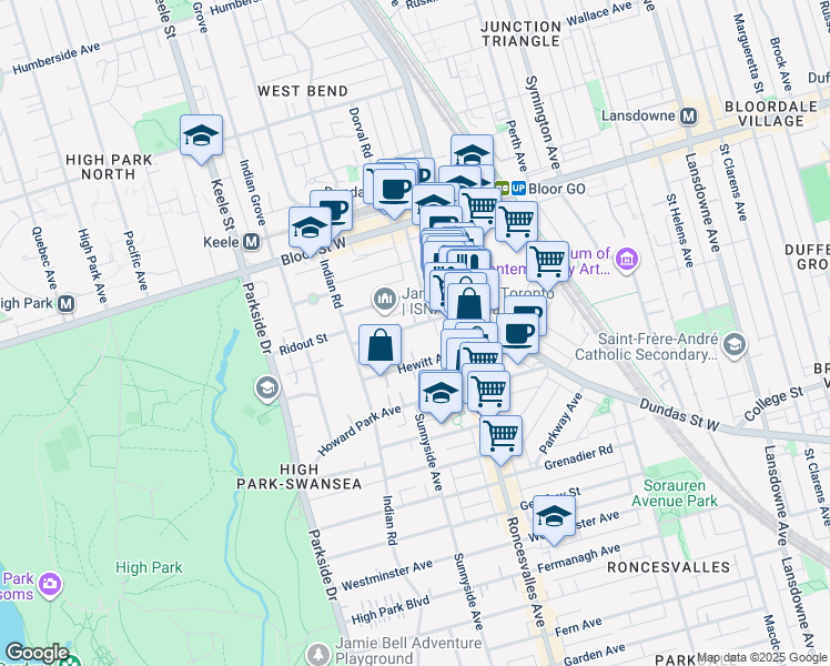 map of restaurants, bars, coffee shops, grocery stores, and more near in Toronto