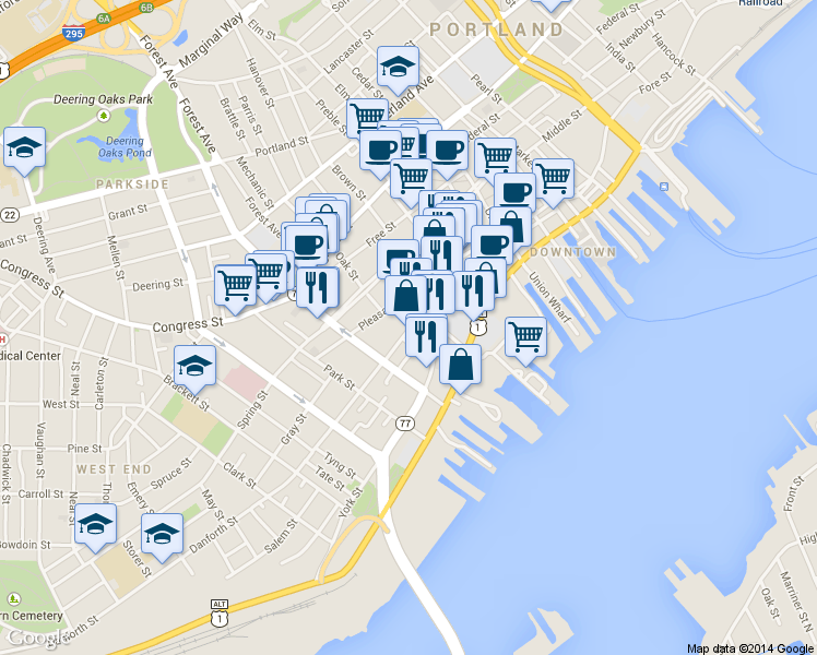 map of restaurants, bars, coffee shops, grocery stores, and more near 53 Danforth Street in Portland
