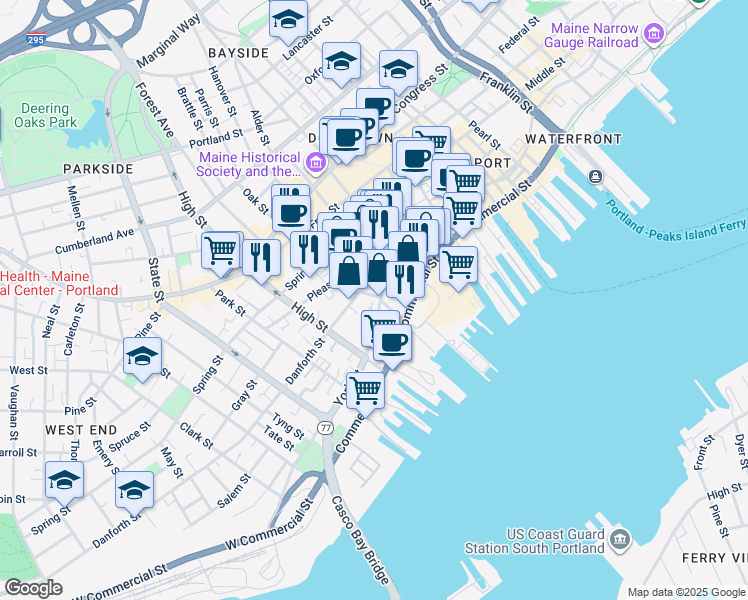 map of restaurants, bars, coffee shops, grocery stores, and more near 52 Danforth Street in Portland
