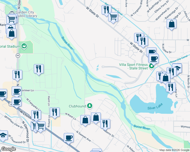 map of restaurants, bars, coffee shops, grocery stores, and more near 3400 North Plantation River Drive in Boise
