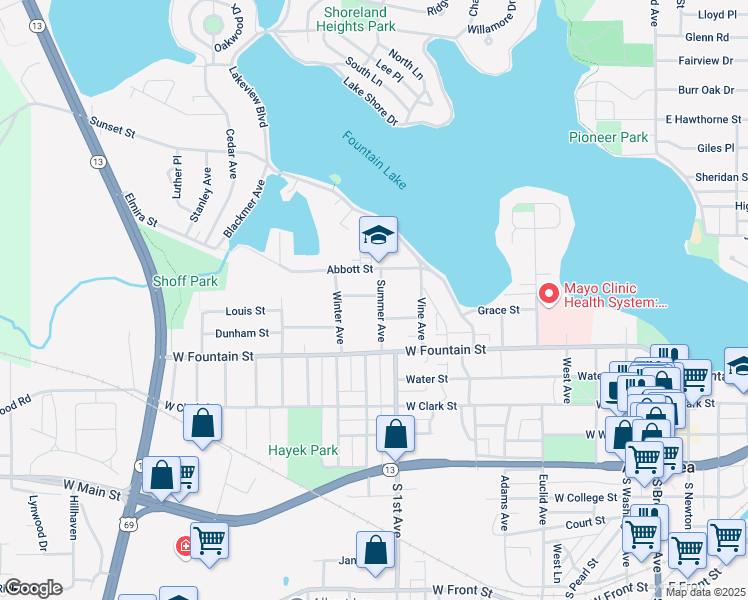 map of restaurants, bars, coffee shops, grocery stores, and more near 325 Summer Avenue in Albert Lea